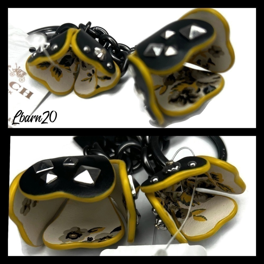 Coach Prairie Black Yellow Tearose Roses Floral Flower Keychain Fob NWT - Picture 8 of 10